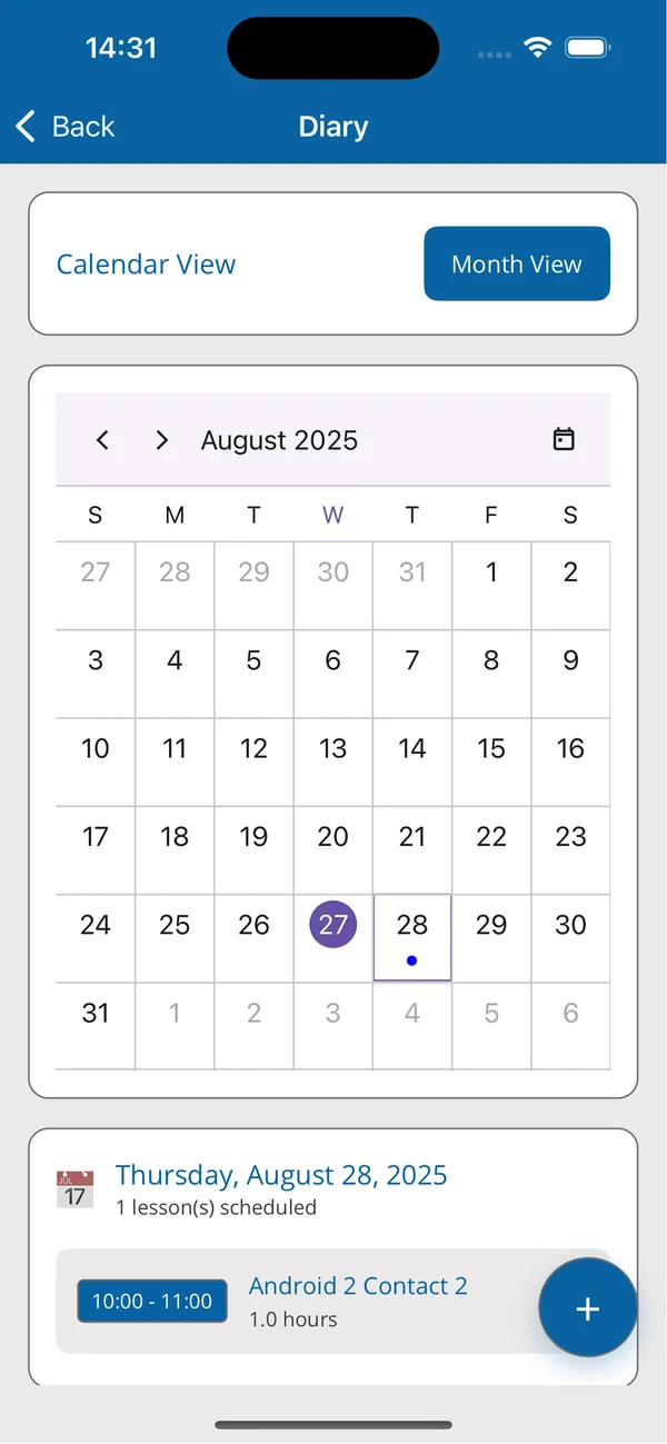 DI Manager month diary with a lesson booked